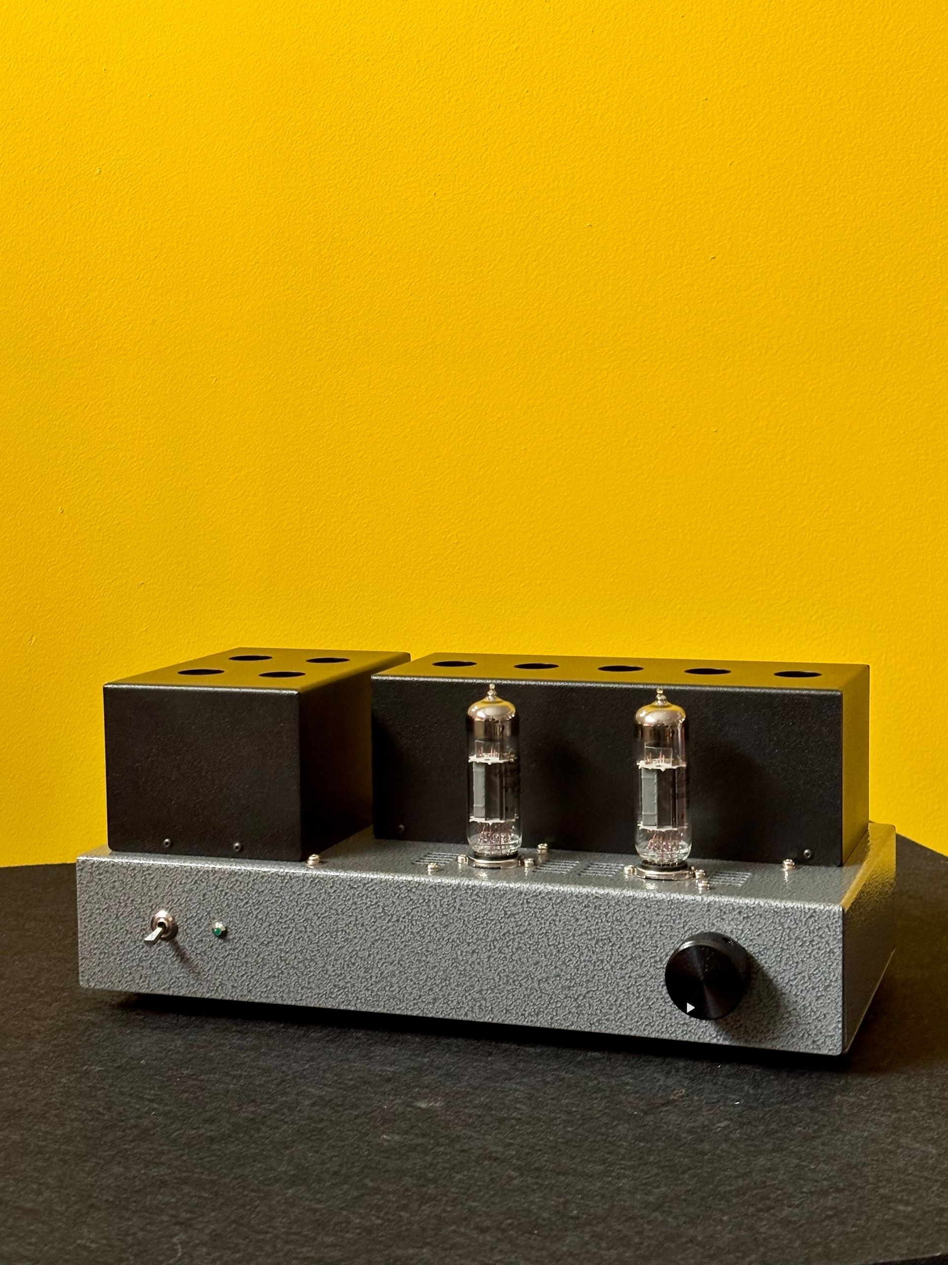 A silver hammertone amplifier chassis with two exposed tubes, black transformer covers, a volume knob, a toggle switch, and a green pilot light, on a dark surface against a yellow wall.